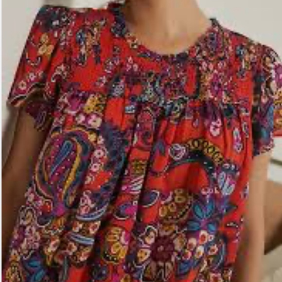 Anthropologie Tops - Anthropologie Sweet Dreams Red Smocked Floral Babydoll Top XS